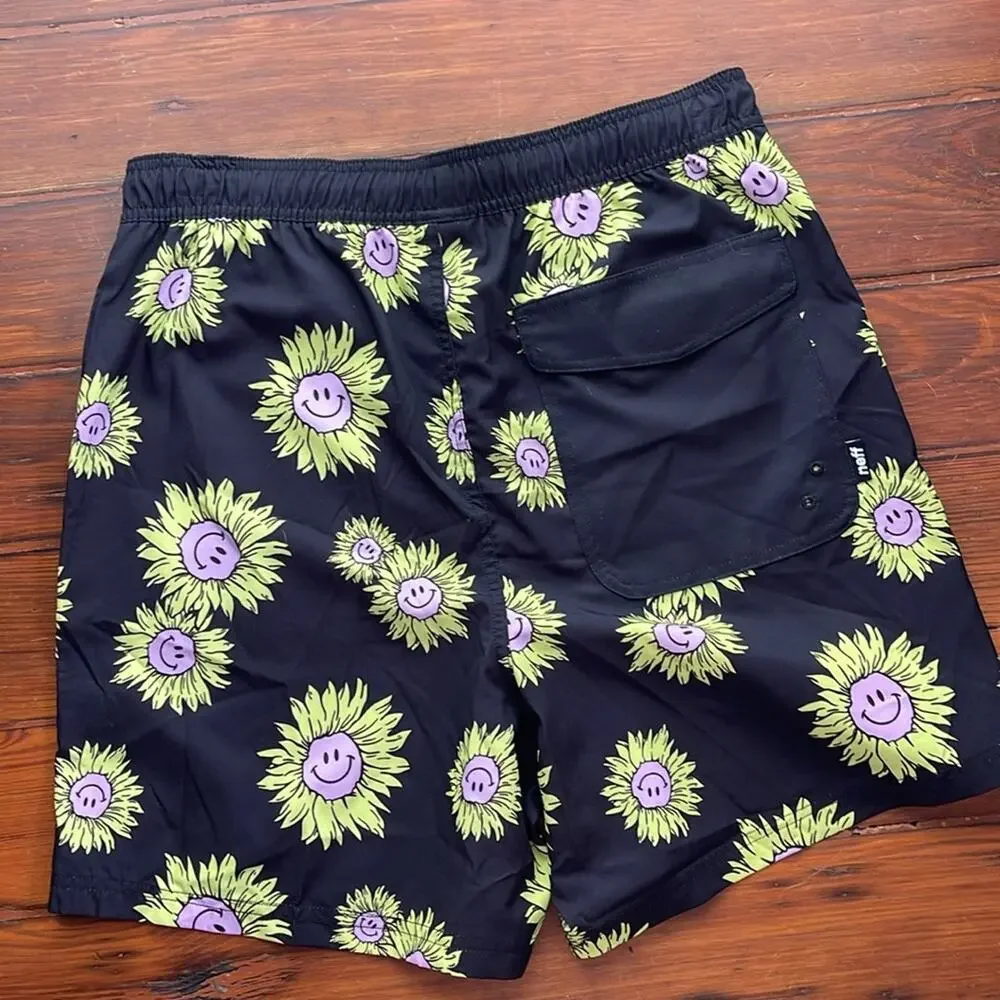 NEFF smiley face sunflower print unlined elastic waist pull on swim trunks sz L